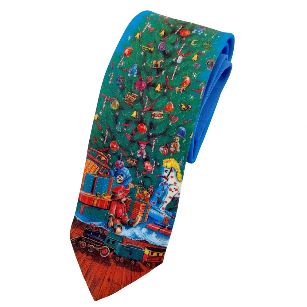 Vintage 1989 Ralph Marlin The Christmas Tree‎ Don West Blue Silk Tie Mens USA